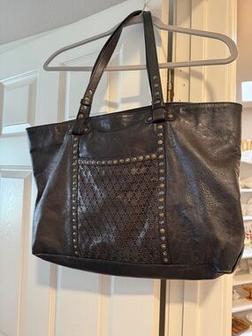 Black Studded Tote Bag with Laser-Cut Front Pocket - Women